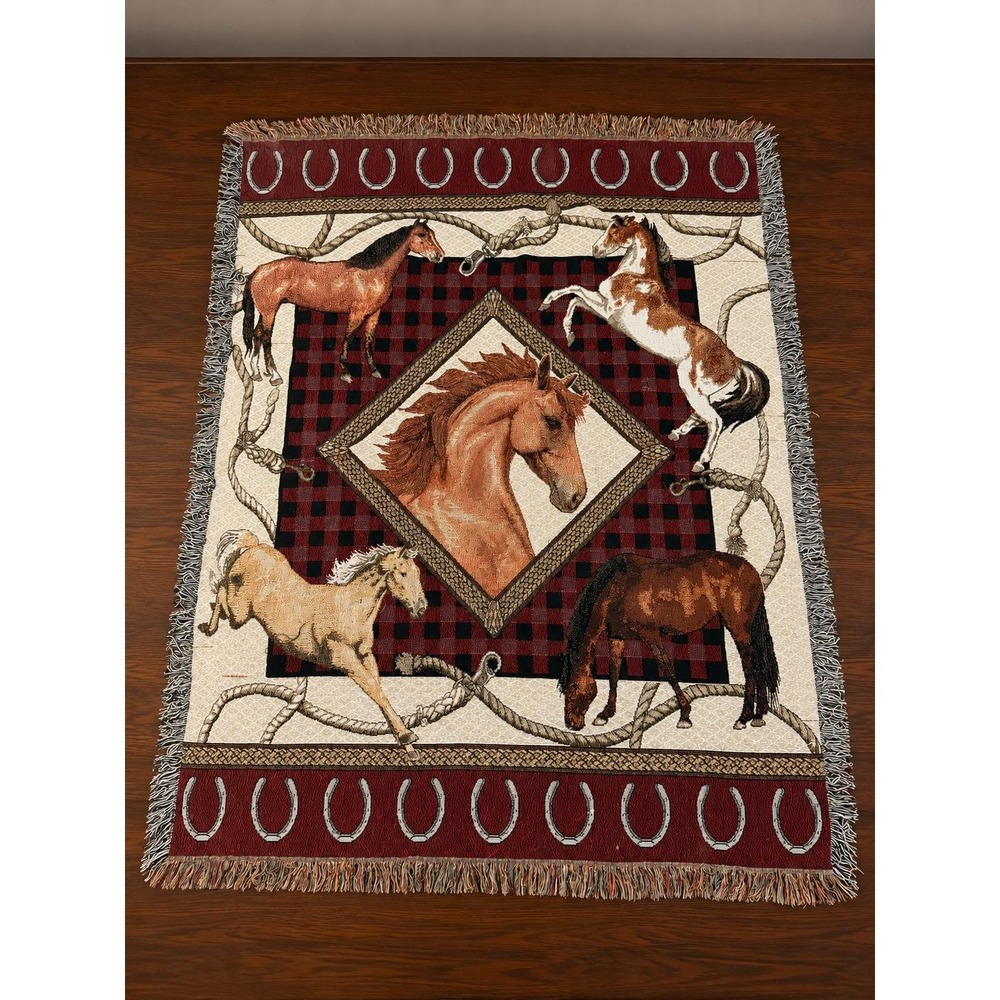 Vintage Equestrian Horse Woven Tapestry Throw Blanket Western Plaid Fringe 60x46